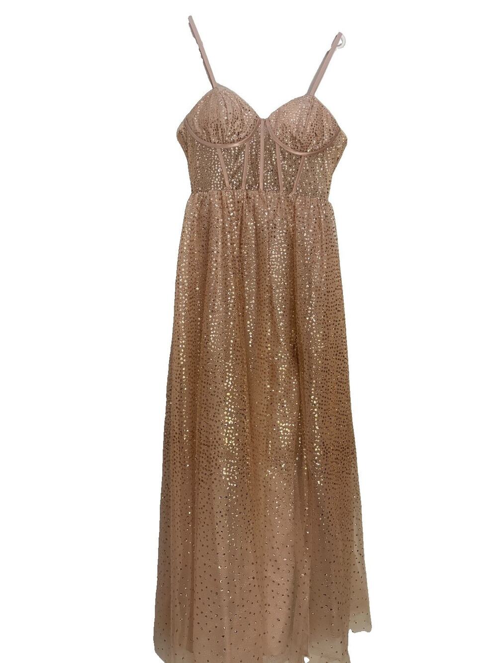 Jules & Cleo Gold Sequin Mesh Sweetheart Spaghetti Strap Long Gown Size 10